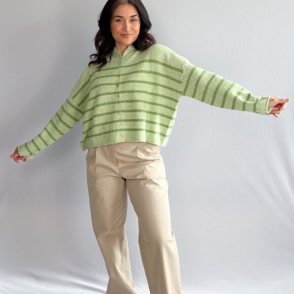 Women’s Light Green Striped Soft Knit Button Cardigan - Picture 11 of 11